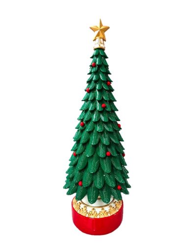 Decorative green Christmas tree figurine with layered branches, red berry accents, a gold star topper, and a red ornamental base for festive holiday décor.